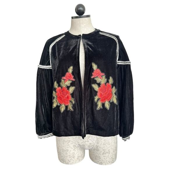 Elodie Velvet Roses Embroidered Jacket Open Front Peasant 3/4 Sleeves  Size S - Picture 14 of 15